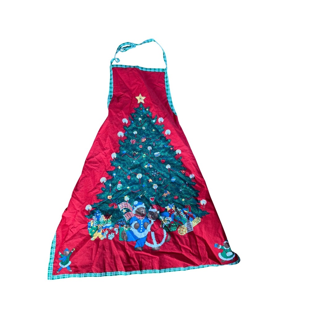 Vintage Christmas Teddy Bear Tree Red Apron Green Plaid Trim Holiday Kitchen